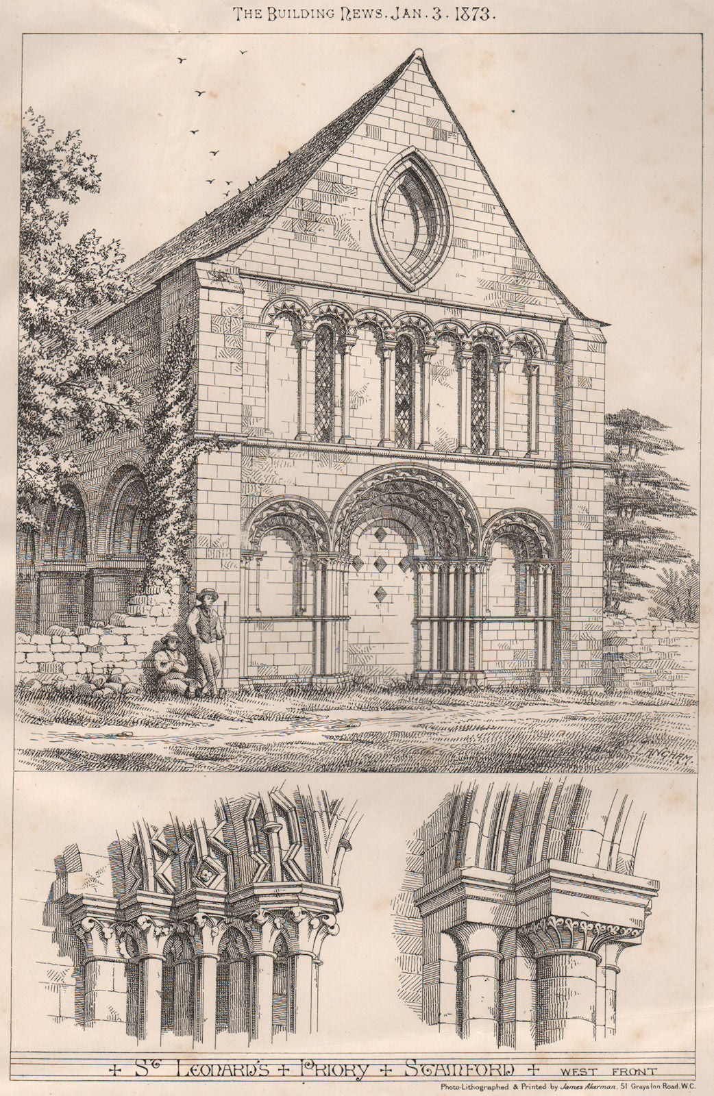 St. Leonard's Priory, Stamford, west front . Lincolnshire 1873 old print